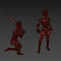 Silver Armored Warrior Characters Kneeling With Long Sword And Standing With Short Sword