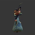 Fantasy Character Creature With Green Eyes Pointed Ears Orange Body Blue Robe And Green Patterns