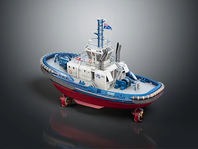 Water Transport Tugboat Model in Blue White Red with Cabin Antenna and Flag 3d model