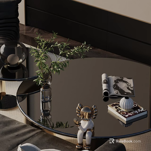 Black Sofa And Coffee Table Set With Round Glass Top Green Plant And Decorative Books 3d model 