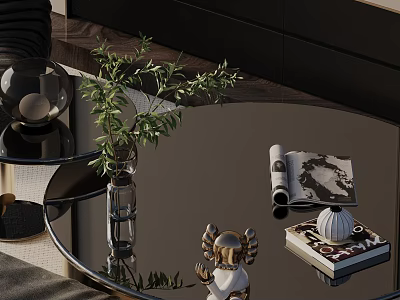 Black Sofa And Coffee Table Set With Round Glass Top Green Plant And Decorative Books 3d model