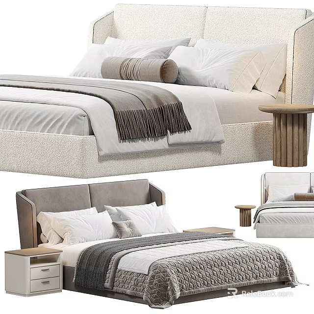 Comfortable Modern Double Bed Design With Plush Pillows Cozy Blanket And Nightstand 3d model 
