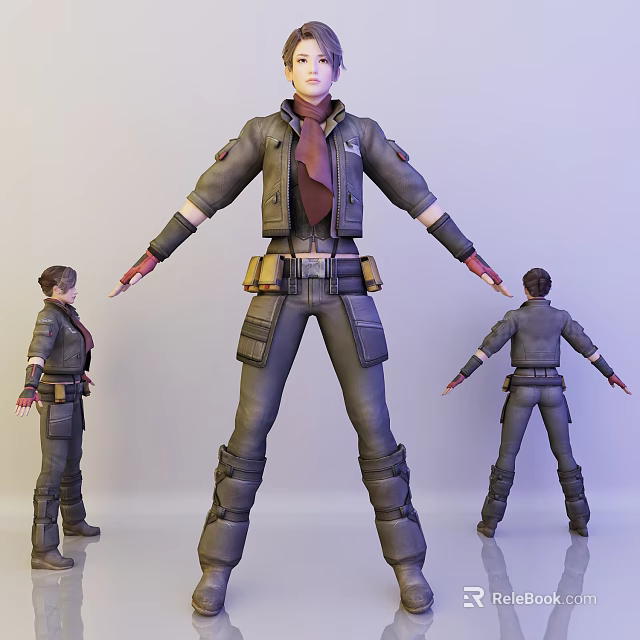 Woman 3D Model in Tactical Leather Jacket Brown Scarf Red Gloves Multi Pocket Pants 3d model 