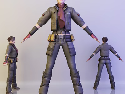 Woman 3D Model in Tactical Leather Jacket Brown Scarf Red Gloves Multi Pocket Pants 3d model