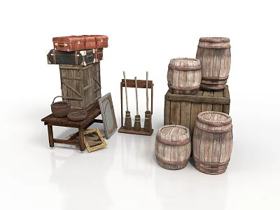 Vintage Household Items Including Wooden Barrels Boxes Old Suitcase Small Table And Photo Frame 3d model