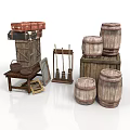 Vintage Household Items Including Wooden Barrels Boxes Old Suitcase Small Table And Photo Frame