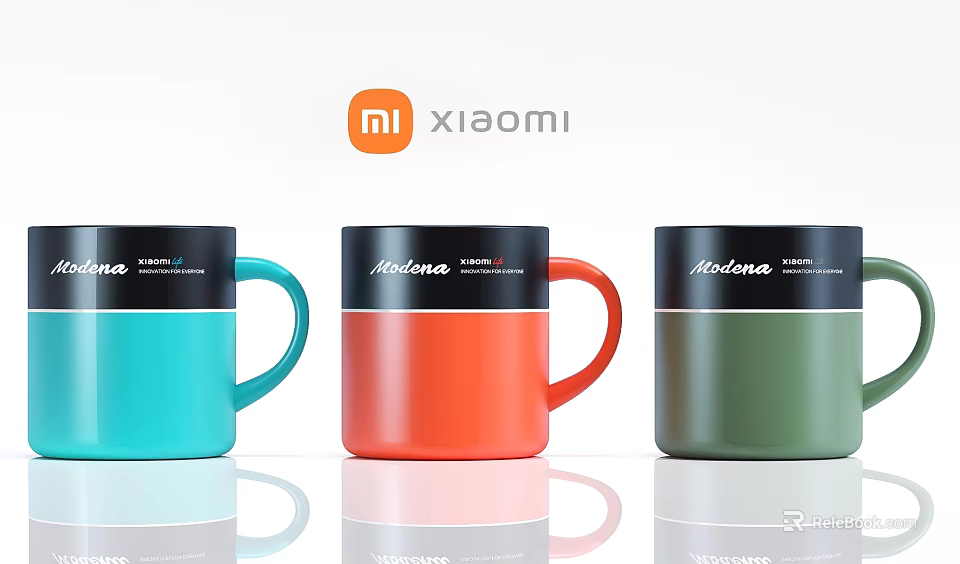Colorful Xiaomi Mugs Set Featuring Blue Red Green Colors And Brand Logo Design 3d model 