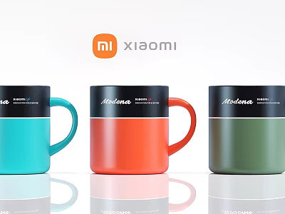 Colorful Xiaomi Mugs Set Featuring Blue Red Green Colors And Brand Logo Design 3d model