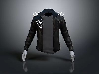 Fashionable Black Leather Jacket With Spike Decorations Shoulder Dot Patch And Gray T shirt 3d model