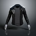 Fashionable Black Leather Jacket With Spike Decorations Shoulder Dot Patch And Gray T shirt