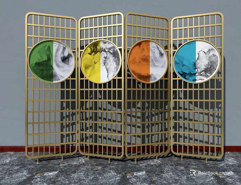 Golden Metal Frame Screen With Multi Panel And Colorful Circular Decorative Patterns 3d model