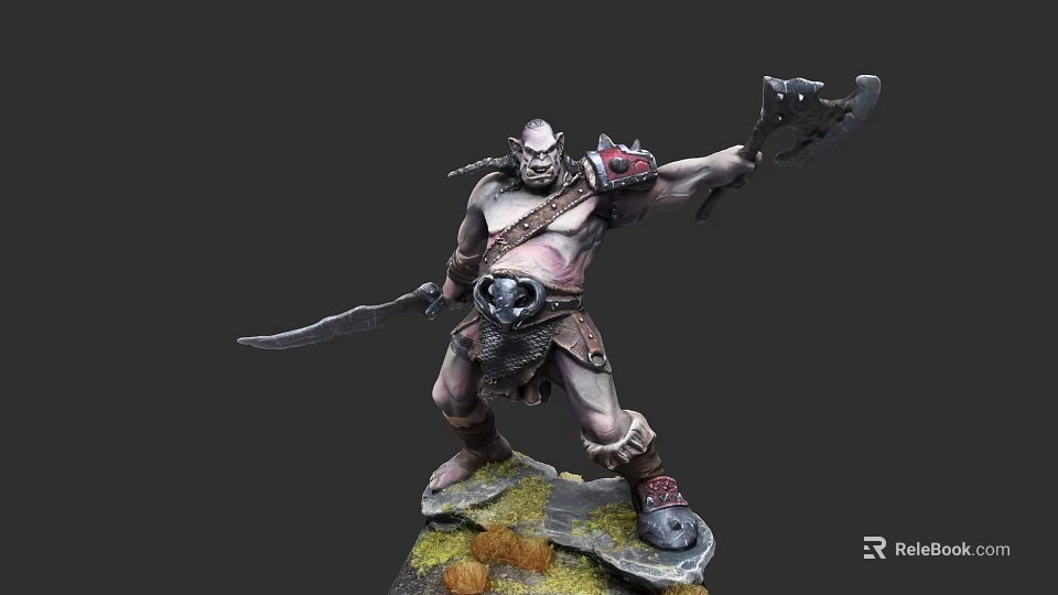Orc Warrior Character Holding Axe And Sword With Skull Armor Standing On Rocky Base 3d model