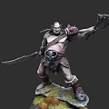 Orc Warrior Character Holding Axe And Sword With Skull Armor Standing On Rocky Base 3d model