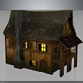 Wooden House Featuring Mossy Roof Chimney Lit Windows Arched Porch and Rustic Design