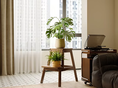 Modern Living Room Wooden Storage Shelving Unit With Green Plants And Decor Items 3d model