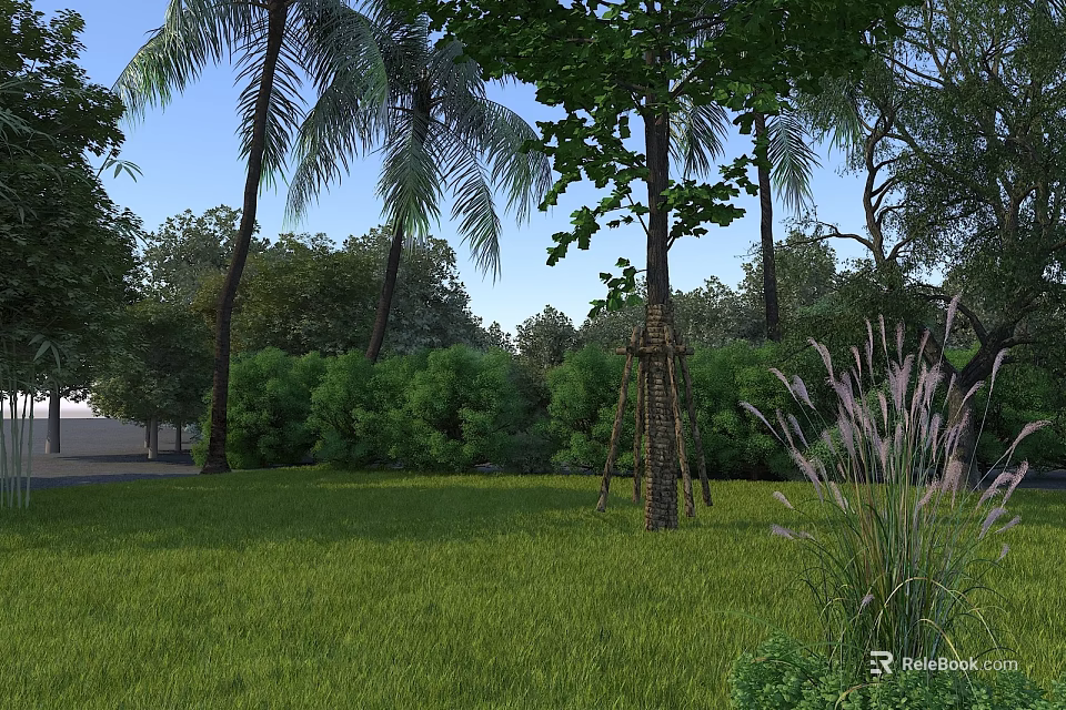 Garden Landscape With Lush Green Grass Tall Trees Palm Trees Bushes And Blue Sky 3d model 