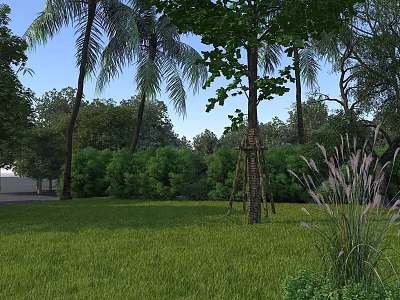 Garden Landscape With Lush Green Grass Tall Trees Palm Trees Bushes And Blue Sky 3d model