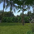 Garden Landscape With Lush Green Grass Tall Trees Palm Trees Bushes And Blue Sky