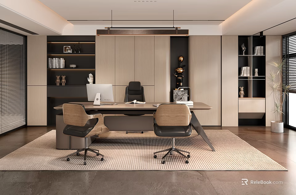 Modern Office Interior Design With Desk Office Chairs Computer Bookshelves And Cabinets 3d model 
