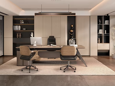 Modern Office Interior Design With Desk Office Chairs Computer Bookshelves And Cabinets 3d model