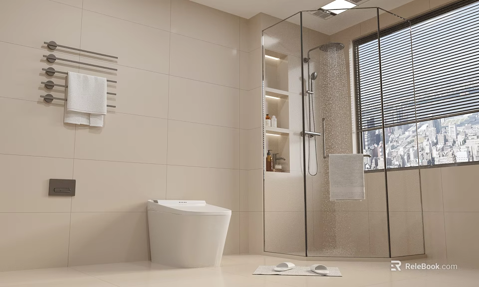 Bright Modern Beige Tiled Bathroom With Smart Toilet And Frameless Glass Shower Enclosure 3d model 