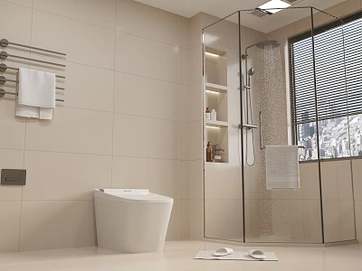 Bright Modern Beige Tiled Bathroom With Smart Toilet And Frameless Glass Shower Enclosure 3d model
