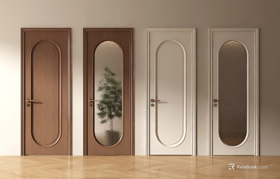 Brown and White Hinged Doors with Glass Panels Frames Handles in Light Walls Wooden Flooring 3d model 