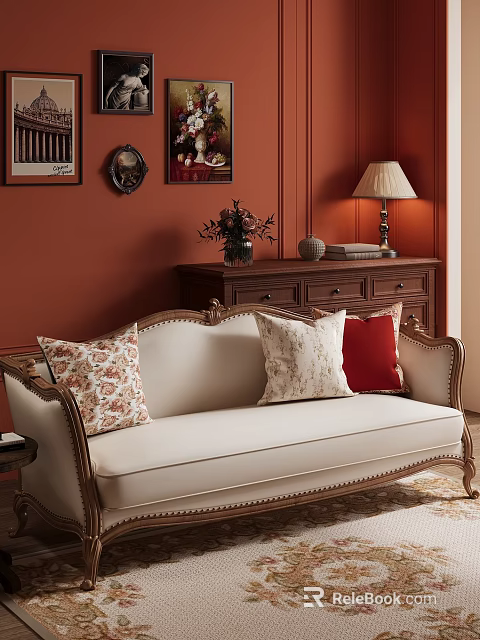 Classic Beige Sofa Set With Wooden Frame And Decorative Pillows On Orange Wall 3d model 