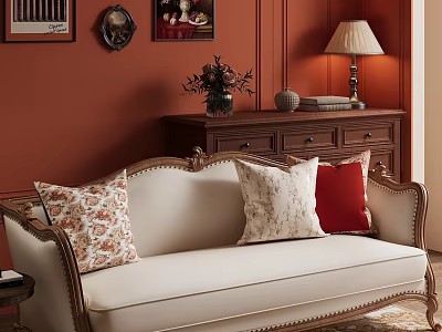 Classic Beige Sofa Set With Wooden Frame And Decorative Pillows On Orange Wall 3d model
