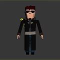 3D Cartoon Character Model Wearing Dark Long Coat Sunglasses And Badges
