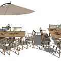 Outdoor Wooden Dining Table And Chairs Set With Umbrella And Green Plants