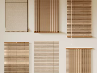 Different Styles of Window Curtains in Neutral Tones Displayed on Wall 3d model