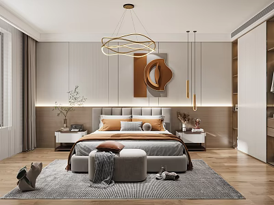 Modern Bedroom Interior With Upholstered Headboard Golden Chandelier Gray Rug And Circular Orange Wall Art 3d model