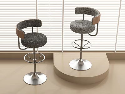 Modern Bar Stools With Grey Patterned Upholstery Wooden Armrests And Metal Base 3d model