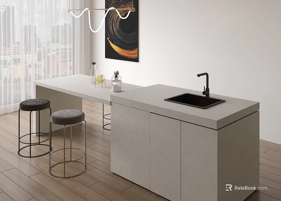 Modern Bar Counter Interior With Concrete Top Metal Frame Stools And City View 3d model 
