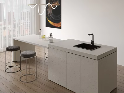 Modern Bar Counter Interior With Concrete Top Metal Frame Stools And City View 3d model