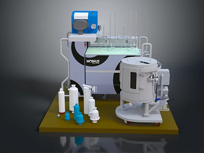 Industrial Laboratory Equipment Setup With Blue Control Panel White Cylindrical Container And Colored Bottles 3d model