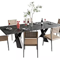 Black Rectangular Dining Table Set With Six Brown Woven Chairs Green Plant Wine Bottle Tableware 3d model