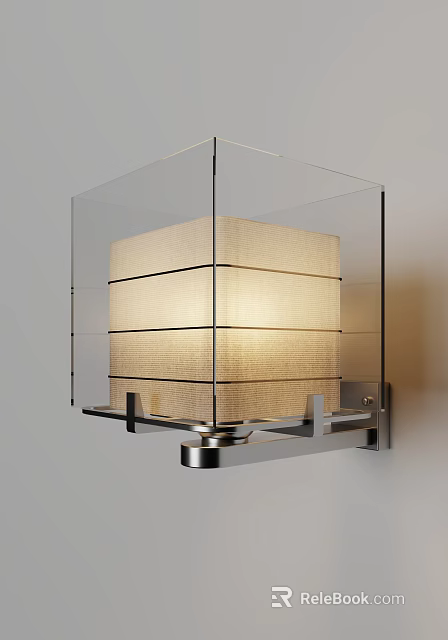 Modern Cream Colored Wall Lamp With Transparent Glass Frame And Woven Lampshade Mounted On Wall 3d model 