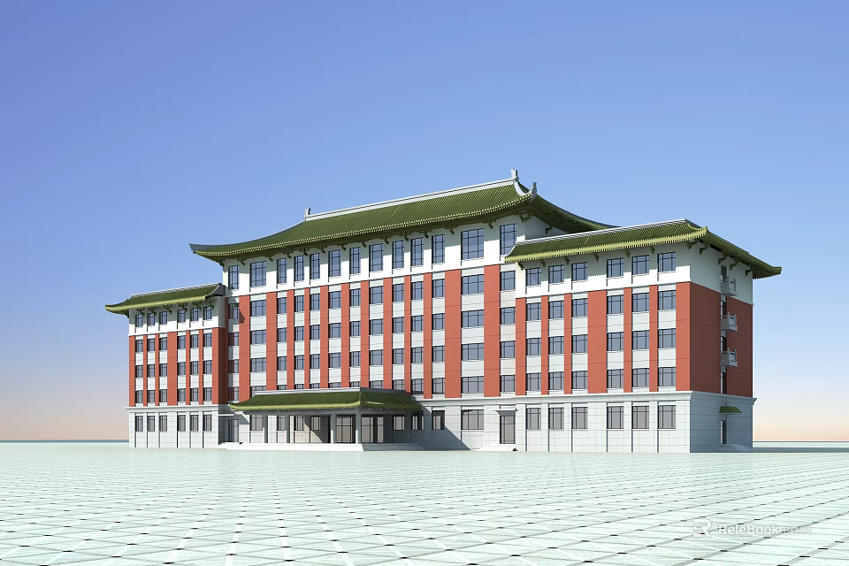 Multi Story Traditional Style Office Building With Green Roof Red White Walls And Spacious Square 3d model 