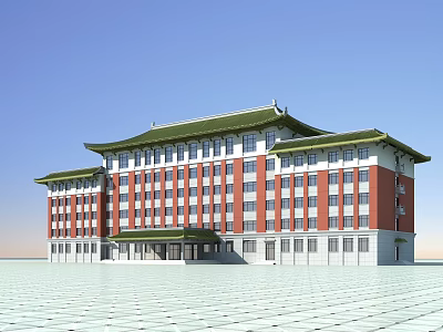 Multi Story Traditional Style Office Building With Green Roof Red White Walls And Spacious Square 3d model