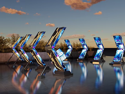 Illuminated Arrow Shaped Photo Spot With Blue Purple Lights Water Reflections Sunset Sky And Trees 3d model