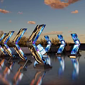 Illuminated Arrow Shaped Photo Spot With Blue Purple Lights Water Reflections Sunset Sky And Trees