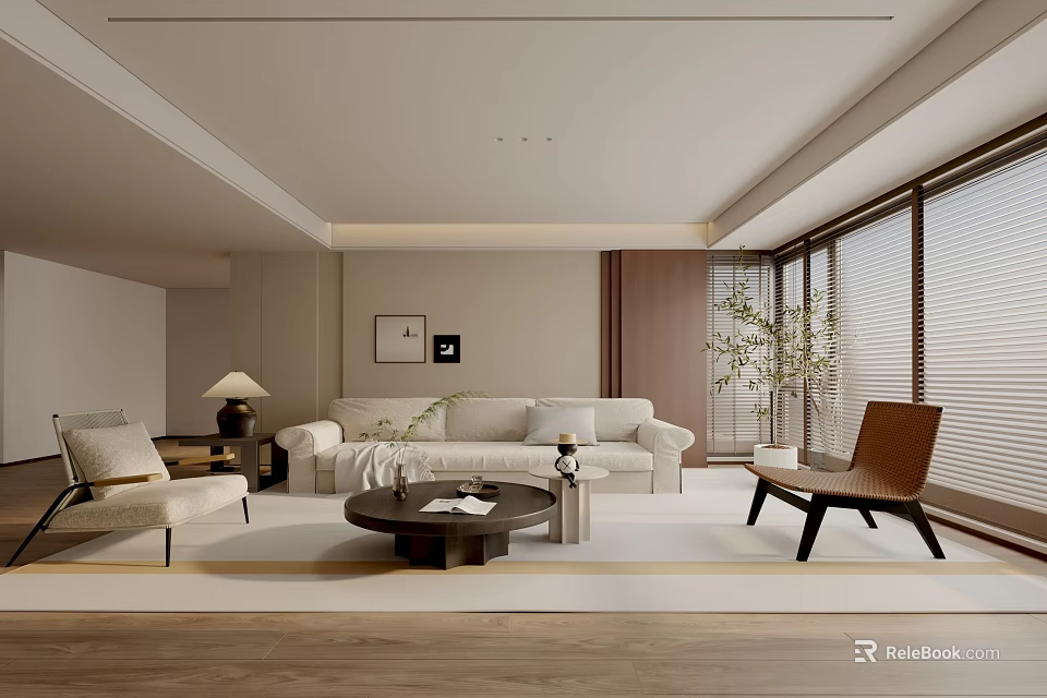 Modern Living Room Interior With Sofa Armchair Coffee Table Rug And Large Windows 3d model 