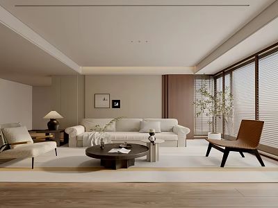 Modern Living Room Interior With Sofa Armchair Coffee Table Rug And Large Windows 3d model