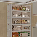 White Multi tiered Open Kitchen Cabinets With Spice Bottles Dishes And Microwave 3d model