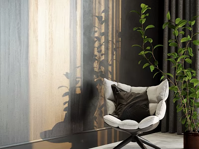 Green Bonsai Plant Near White Chair With Black Cushion By Gray Wall And Dark Curtains 3d model