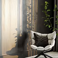 Green Bonsai Plant Near White Chair With Black Cushion By Gray Wall And Dark Curtains