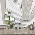 Shopping Mall Interior With Multiple Floors Hanging Lights Digital Screens Green Plant Walls And Pedestrians