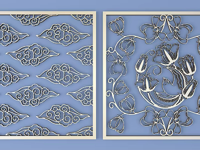 Exquisite Wooden Carving Artwork Featuring Cloud Motifs And Floral Openwork Patterns 3d model